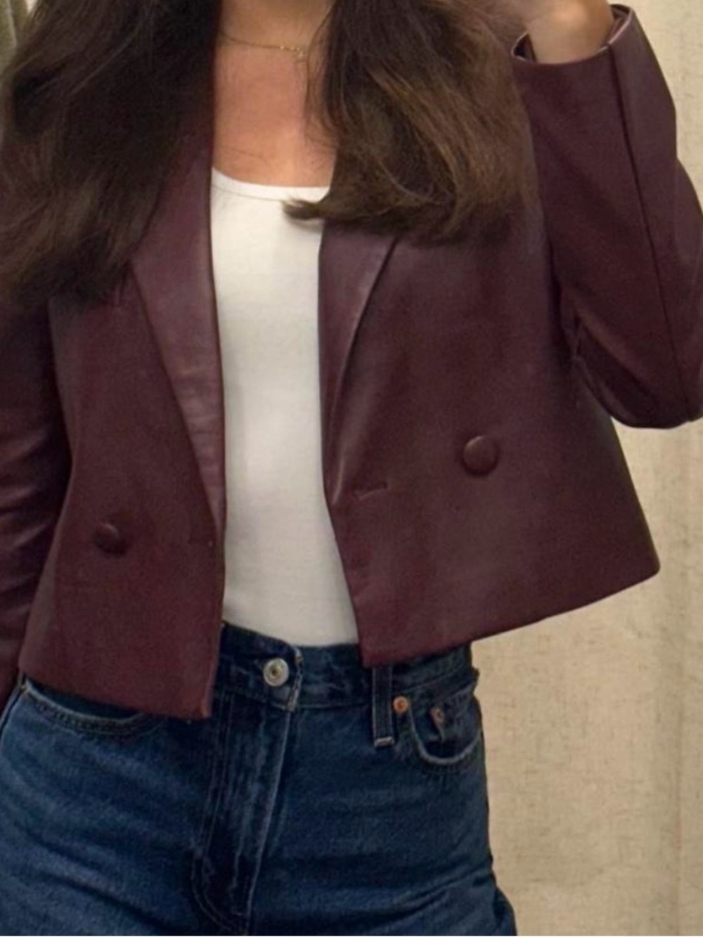 Avec Les Filles Cropped Burgundy Leather Blazer